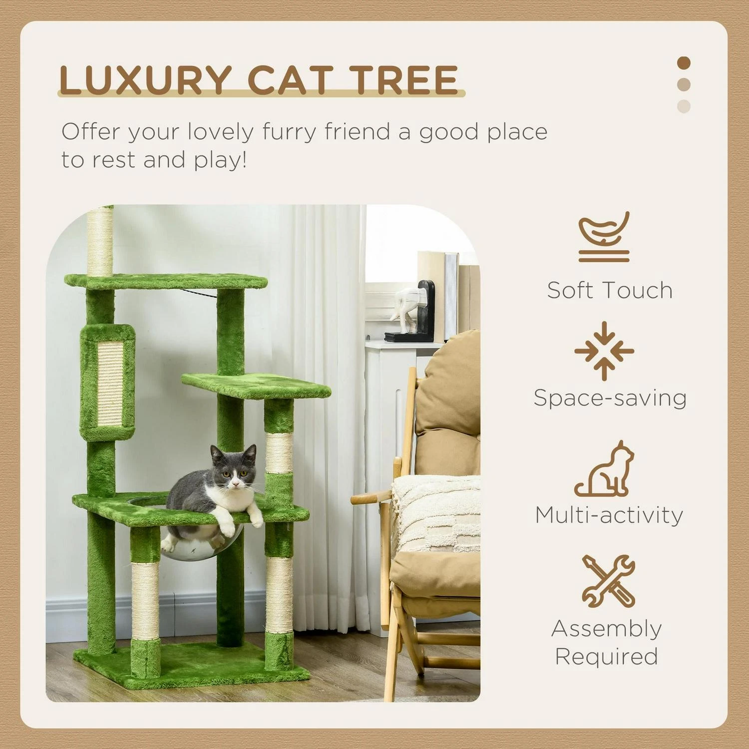 Cat Tree Tower—Scratching Post, Hammock, Ball, Platforms, Green