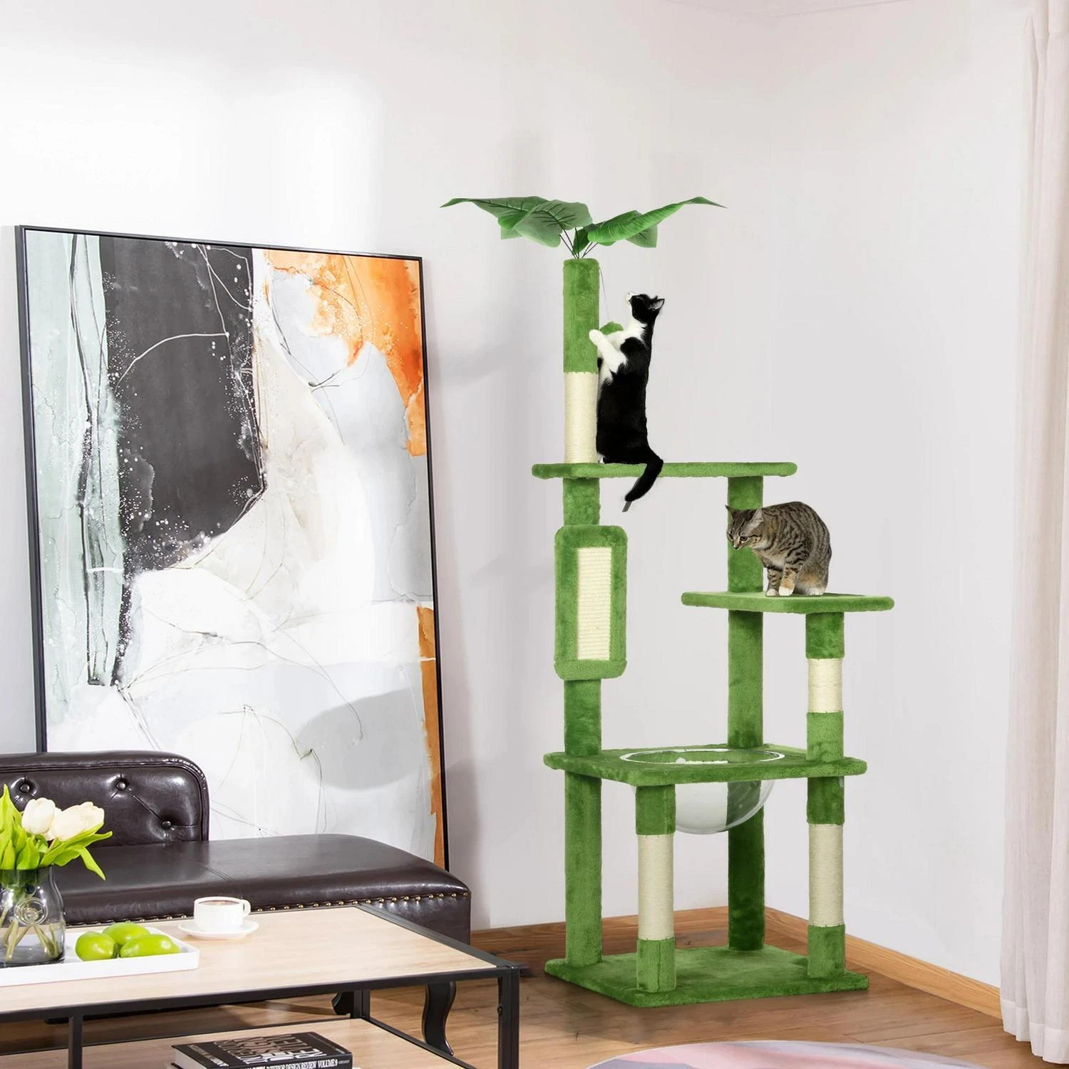 Cat Tree Tower—Scratching Post, Hammock, Ball, Platforms, Green