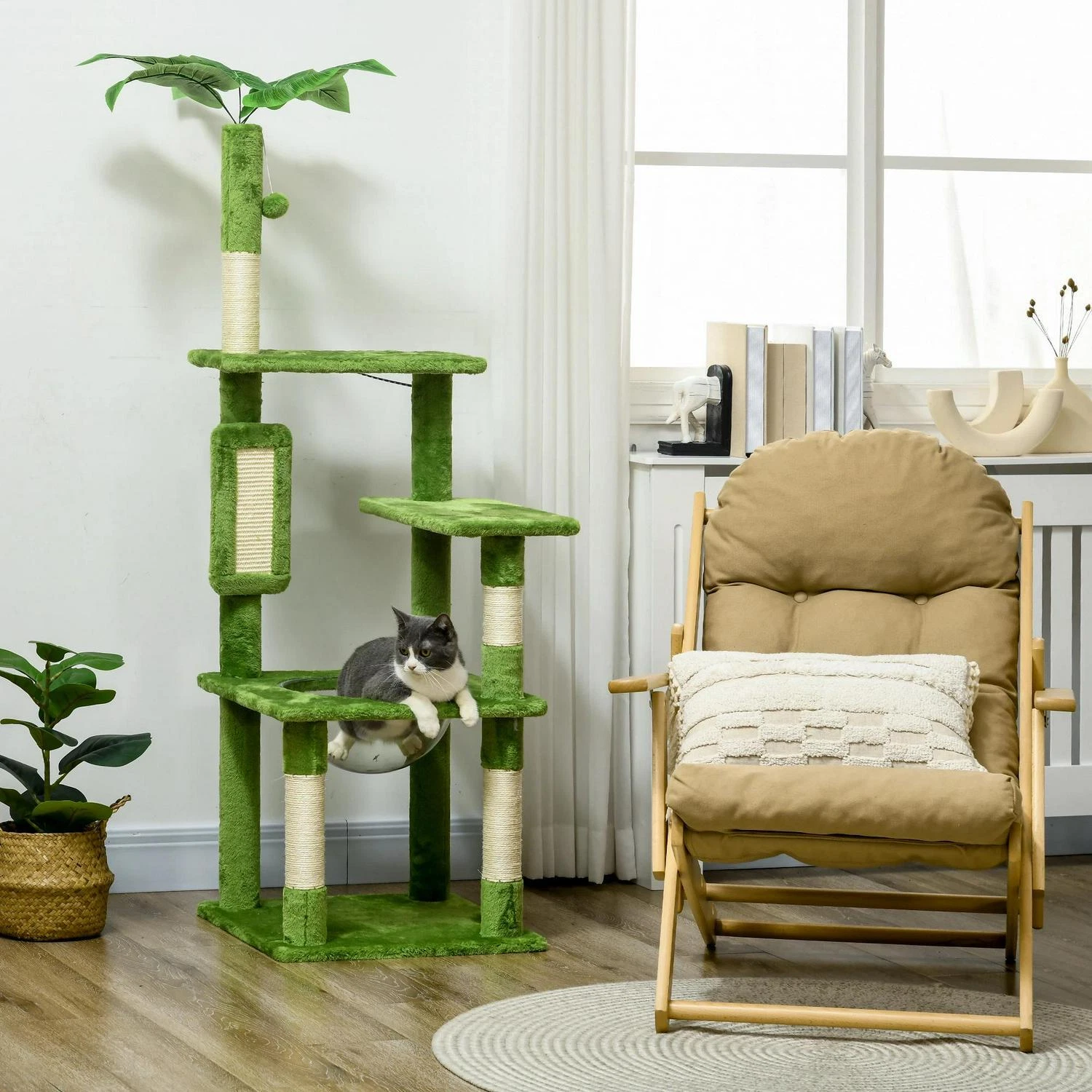 Cat Tree Tower—Scratching Post, Hammock, Ball, Platforms, Green