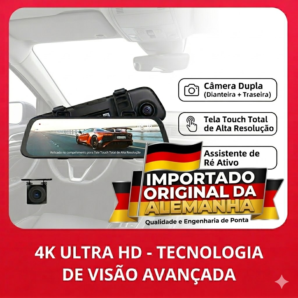 Espelho Retrovisor Inteligente 4K - Tecnologia Alemã, Gravação Dupla e Assistente de Ré