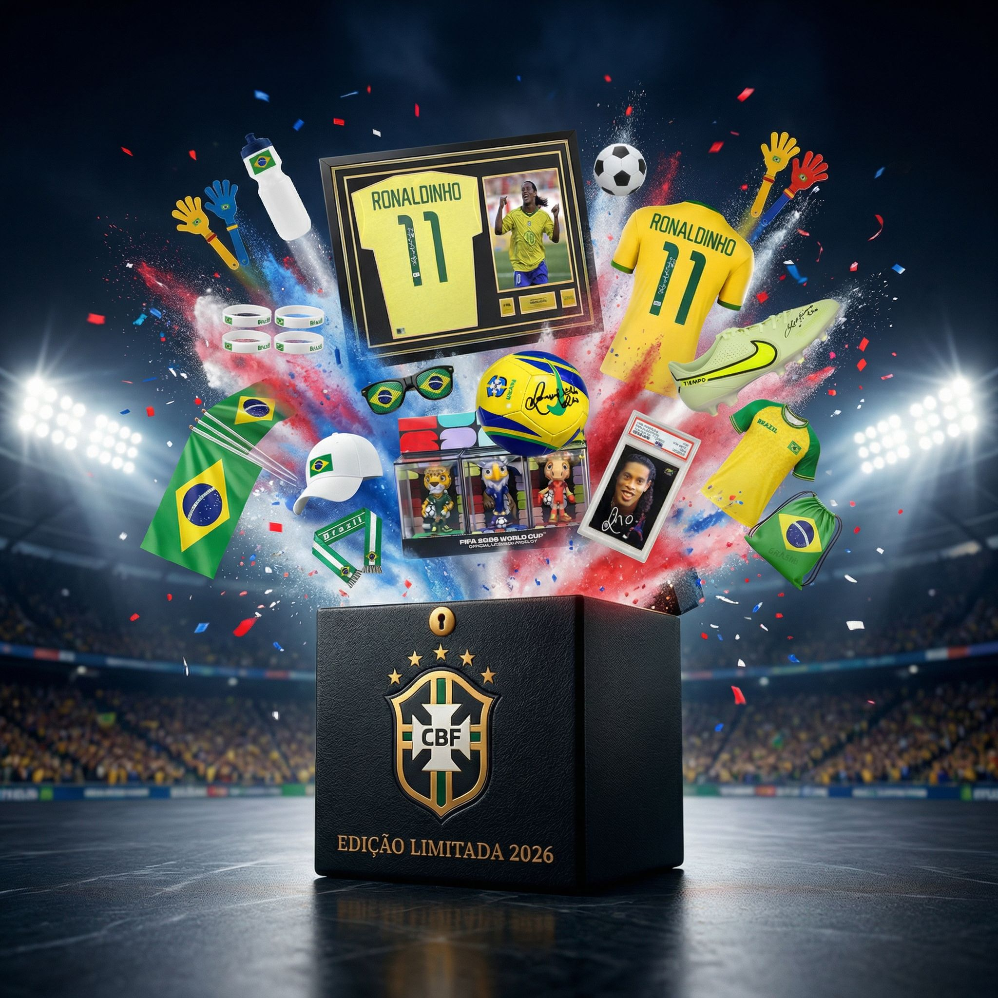 Caixa Mistério Oficial Seleção Brasileira 2026 - Autógrafos Reais (R9, Ronaldinho, Neymar, Vini Jr