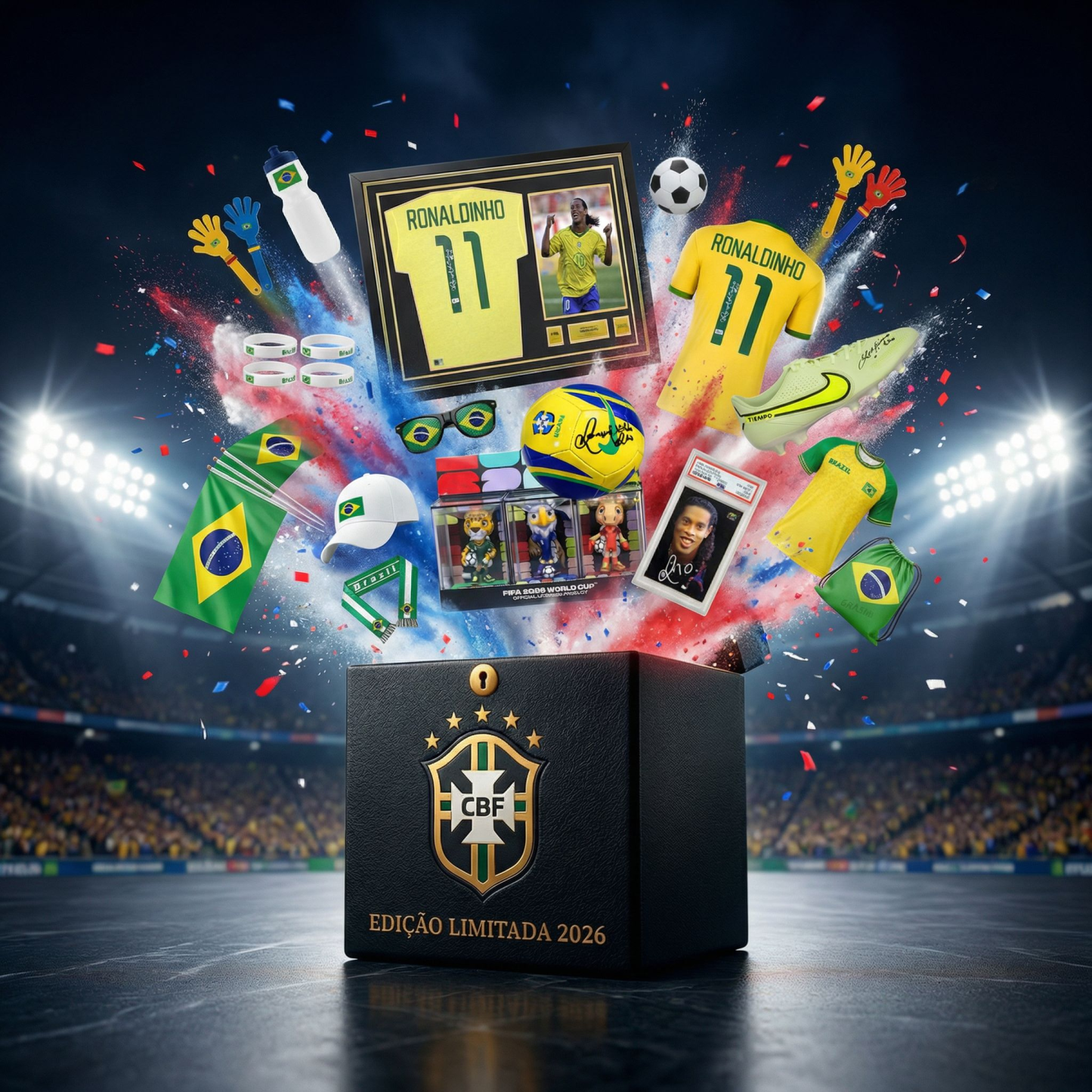 Caixa Mistério Oficial Seleção Brasileira 2026 - Autógrafos Reais (R9, Ronaldinho, Neymar, Vini Jr