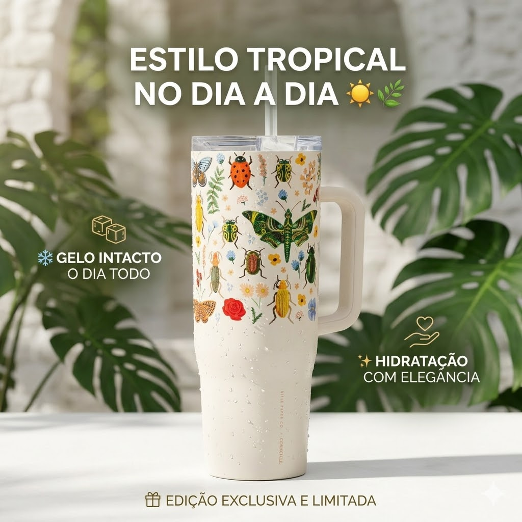 Copo Térmico Quencher 1,2L com Alça e Canudo - Estampa Exclusiva Floral 🌸