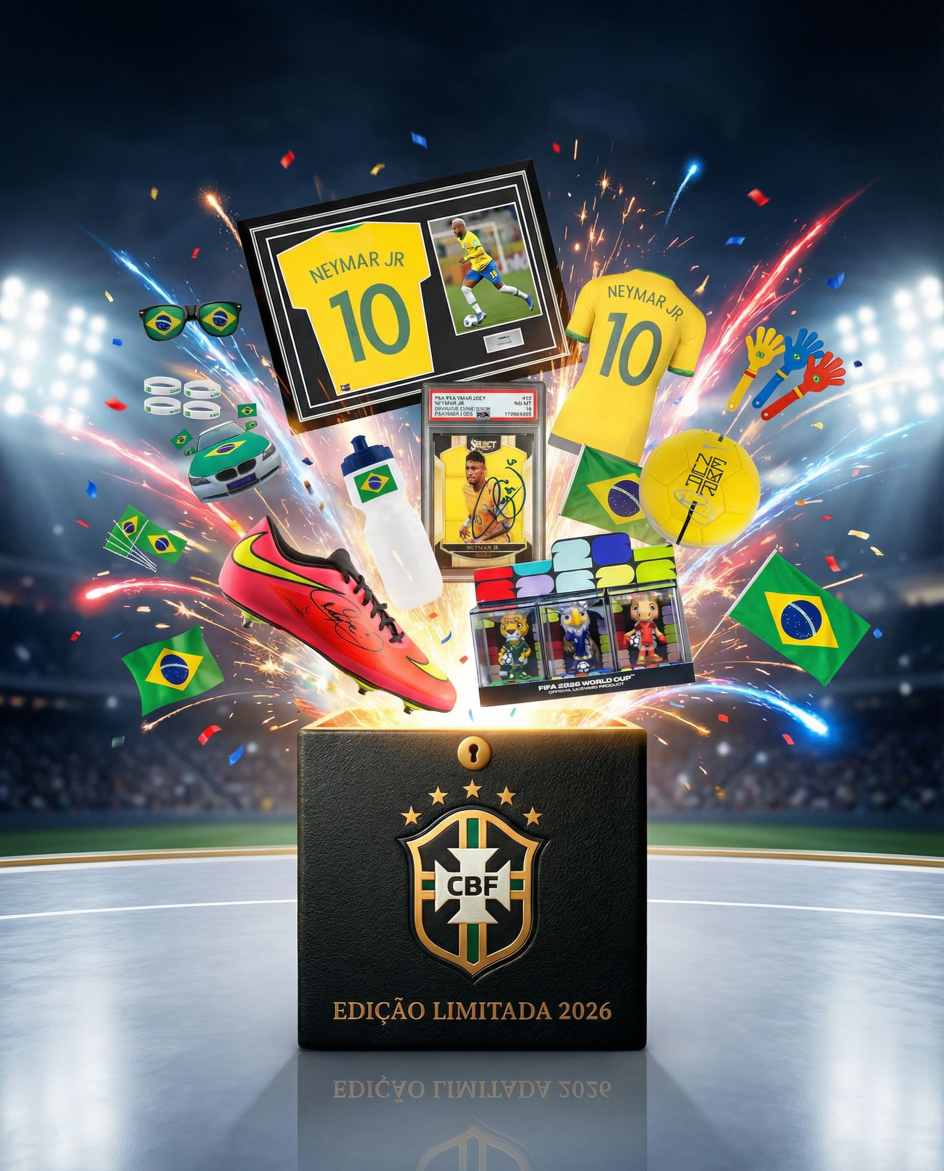 Caixa Mistério Oficial Seleção Brasileira 2026 - Autógrafos Reais (R9, Ronaldinho, Neymar, Vini Jr