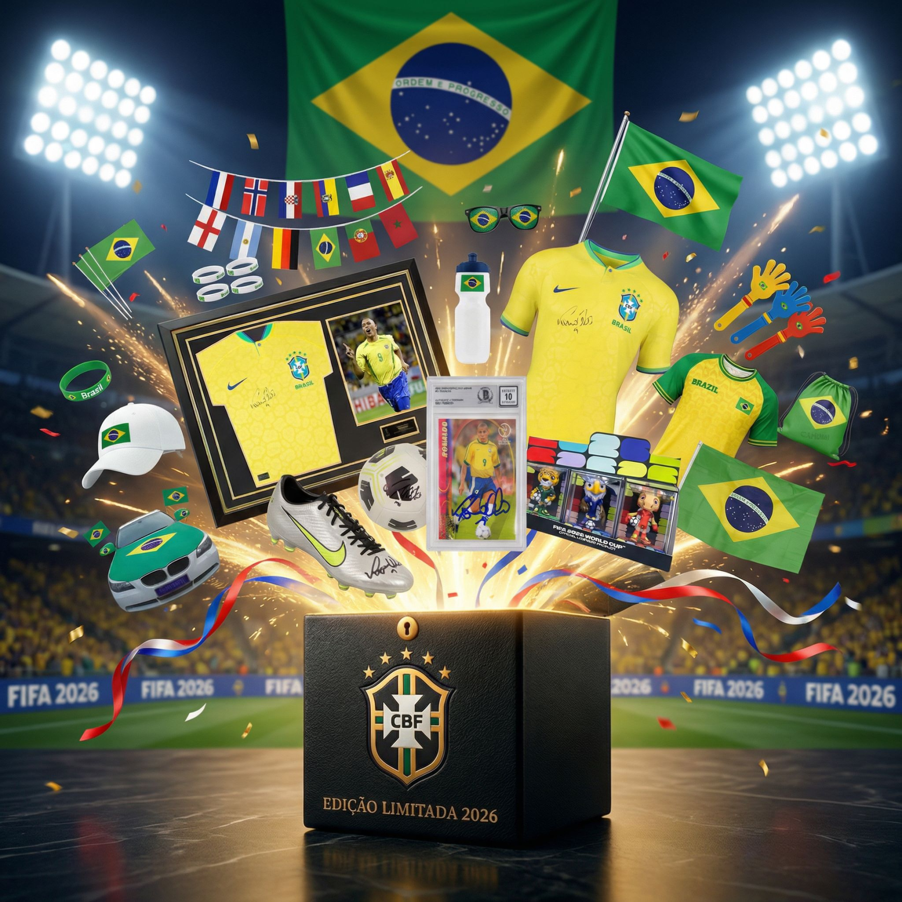 Caixa Mistério Oficial Seleção Brasileira 2026 - Autógrafos Reais (R9, Ronaldinho, Neymar, Vini Jr