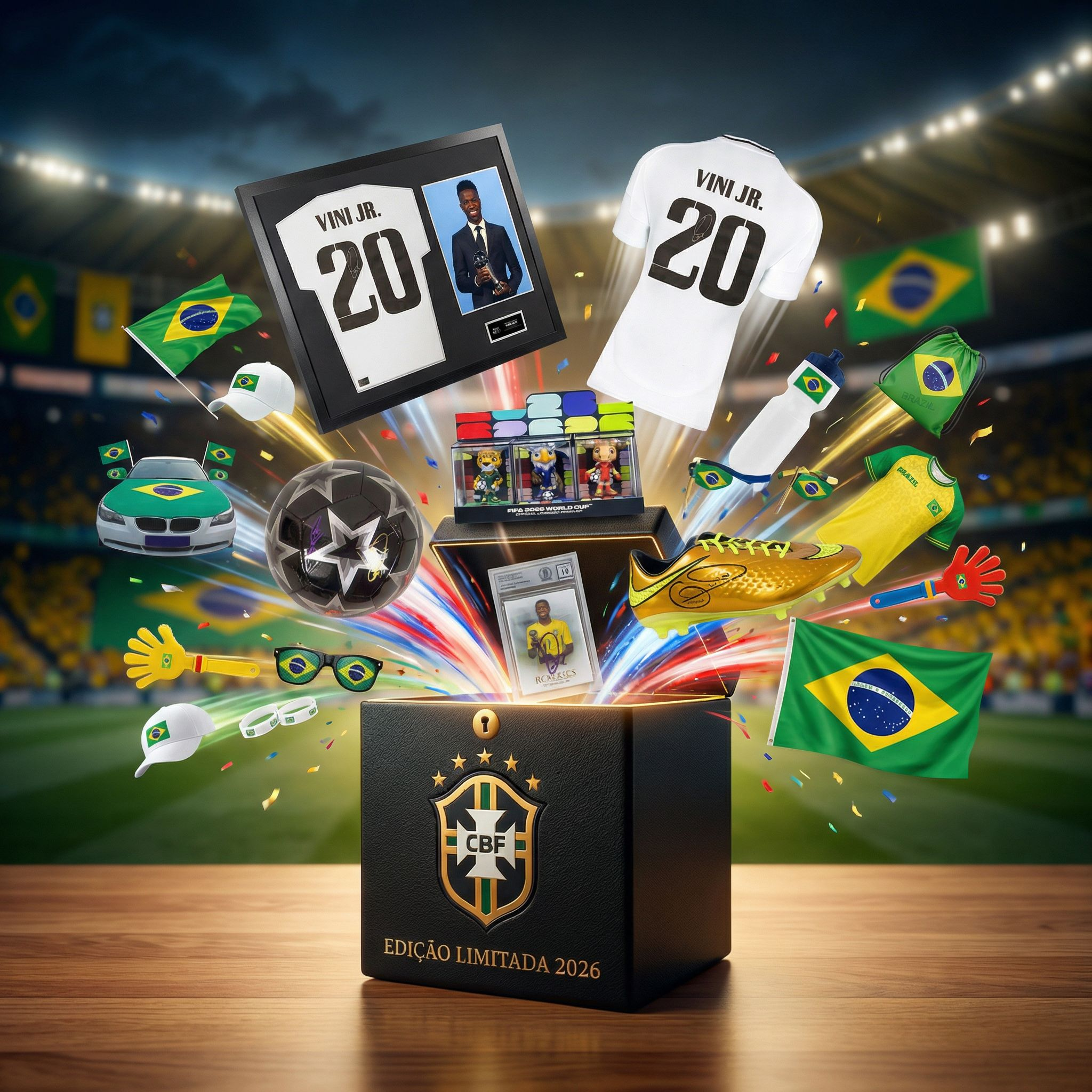 Caixa Mistério Oficial Seleção Brasileira 2026 - Autógrafos Reais (R9, Ronaldinho, Neymar, Vini Jr