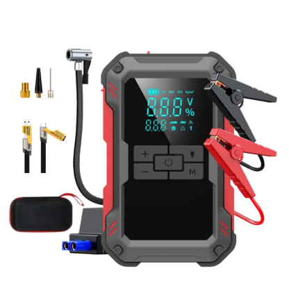 Arrancador de batería ultraseguro de 15000 mAh: Arranca vehículos con batería de 12 V. Incluye compresor de aire de 150 PSI, carga rápida de 45 W, medidor de presión de neumáticos y luz LED. Incluye cables de arranque, manguera de aire, bolsa de almacenam