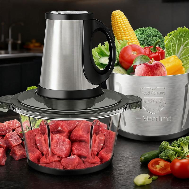 Picadora de carne, procesador de alimentos con 2 recipientes y 4 cuchillas de doble nivel