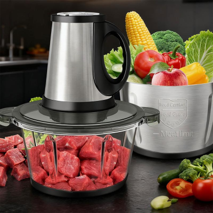 Picadora de carne, procesador de alimentos con 2 recipientes y 4 cuchillas de doble nivel