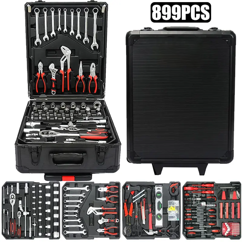 Juego de herramientas de 899 piezas, caja de herramientas manual de metal de gran capacidad