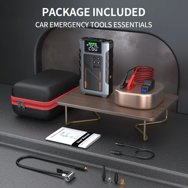 Arrancador de batería portátil para coche con compresor de aire, pico de 5000 A (para motores de gasolina de hasta 8.0 L y diésel de hasta 6.5 L), inflador de neumáticos de 150 PSI, batería de 15000 mAh y luz LED. Modelo W100.