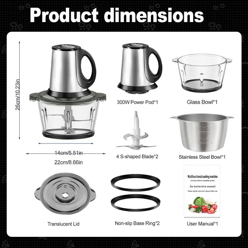 Picadora de carne, procesador de alimentos con 2 recipientes y 4 cuchillas de doble nivel