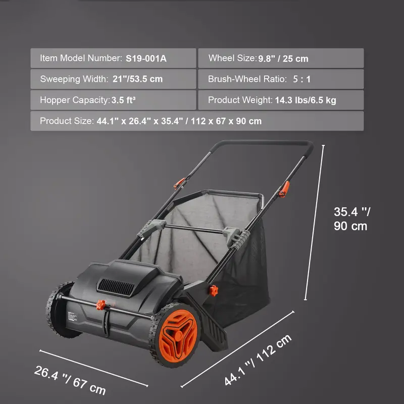 Barredora de césped manual de 26 pulgadas — Recolector de hojas y hierba con ruedas de goma robustas y estructura de acero reforzado de alta resistencia; duradera y de gran capacidad, con bolsa de recolección de malla de 7 pies cúbicos y 4 cepillos girato