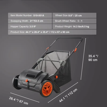 Barredora de césped manual de 26 pulgadas — Recolector de hojas y hierba con ruedas de goma robustas y estructura de acero reforzado de alta resistencia; duradera y de gran capacidad, con bolsa de recolección de malla de 7 pies cúbicos y 4 cepillos girato