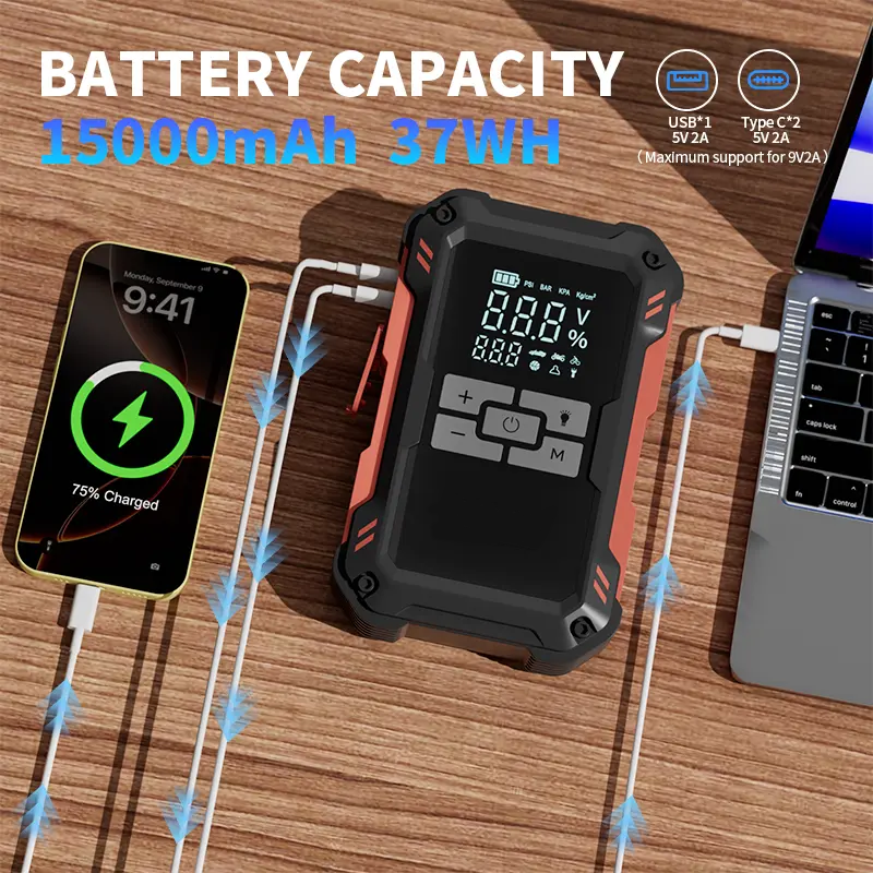 Arrancador de batería ultraseguro de 15000 mAh: Arranca vehículos con batería de 12 V. Incluye compresor de aire de 150 PSI, carga rápida de 45 W, medidor de presión de neumáticos y luz LED. Incluye cables de arranque, manguera de aire, bolsa de almacenam