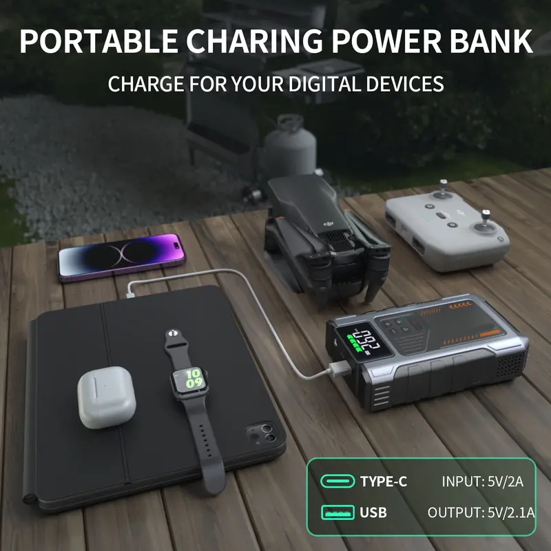 Arrancador de batería portátil para coche con compresor de aire, pico de 5000 A (para motores de gasolina de hasta 8.0 L y diésel de hasta 6.5 L), inflador de neumáticos de 150 PSI, batería de 15000 mAh y luz LED. Modelo W100.