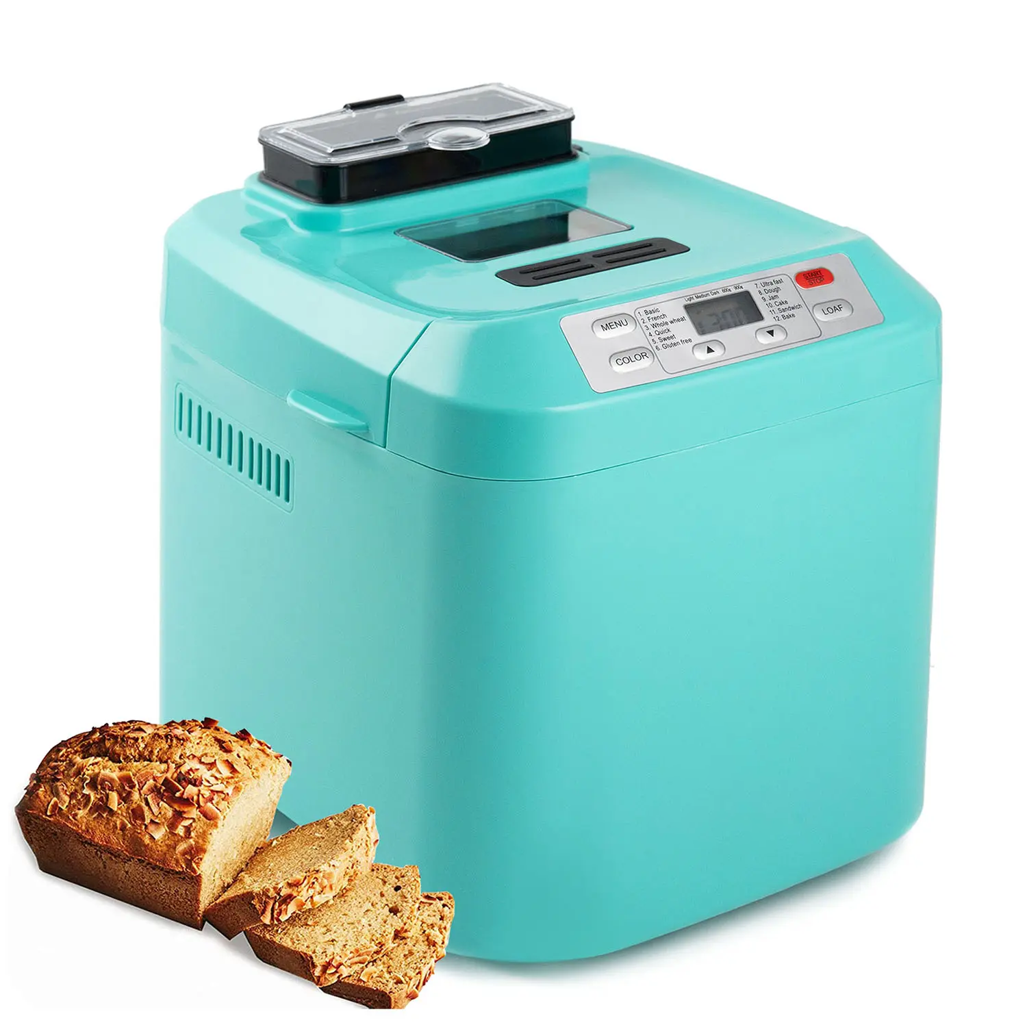 Panificadora automática, hasta 2 libras, máquina de pan 12 en 1 con dispensador automático de frutas y frutos secos, temporizador de 13 horas, función de mantener caliente de 1 hora, opción sin gluten, 3 colores Creuset.