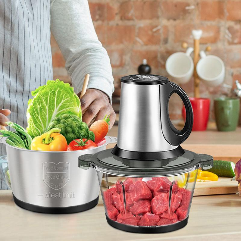 Picadora de carne, procesador de alimentos con 2 recipientes y 4 cuchillas de doble nivel