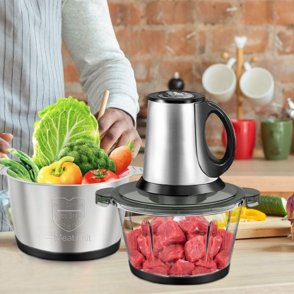 Picadora de carne, procesador de alimentos con 2 recipientes y 4 cuchillas de doble nivel