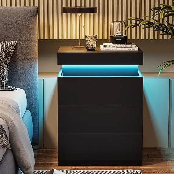 Mesita de noche con tapa deslizante, estación de carga y luces LED, muebles para dormitorio