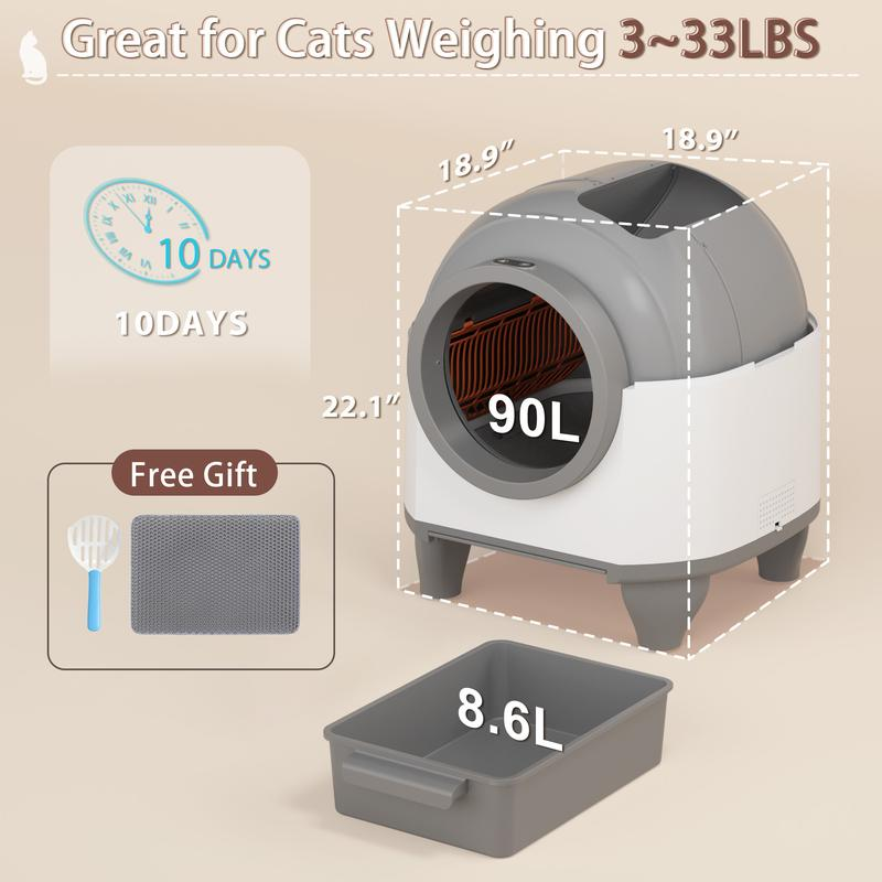 Arenero inteligente de bajo ruido con autolimpieza, capacidad de 90 litros