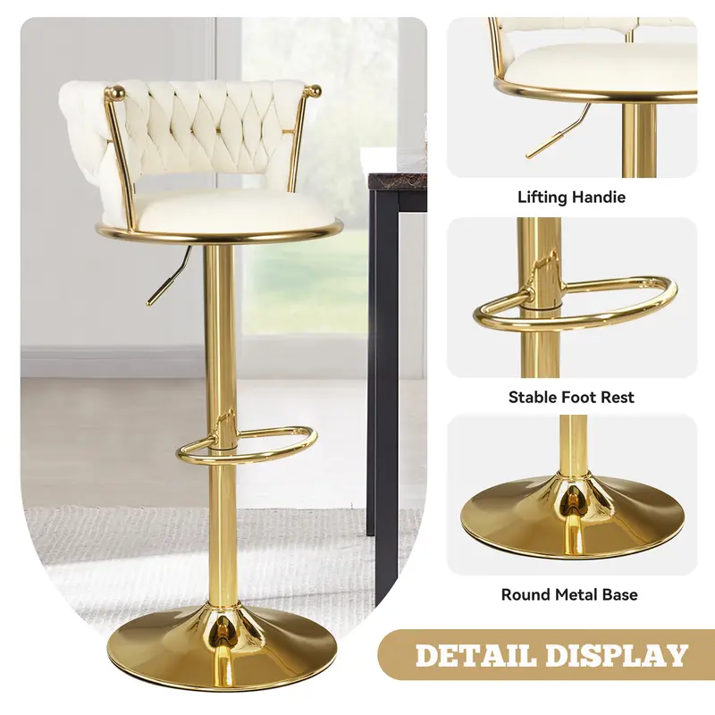 Taburetes de bar de terciopelo, taburetes de altura de mostrador con respaldo bajo, taburete giratorio dorado para isla de cocina, sillas de bar giratorias de 360°