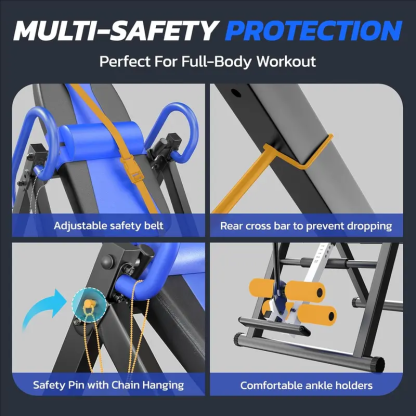 Mesa de inversión resistente para terapia de alivio del dolor con reposacabezas y cinturón protector ajustable. Máquina de estiramiento de espalda.