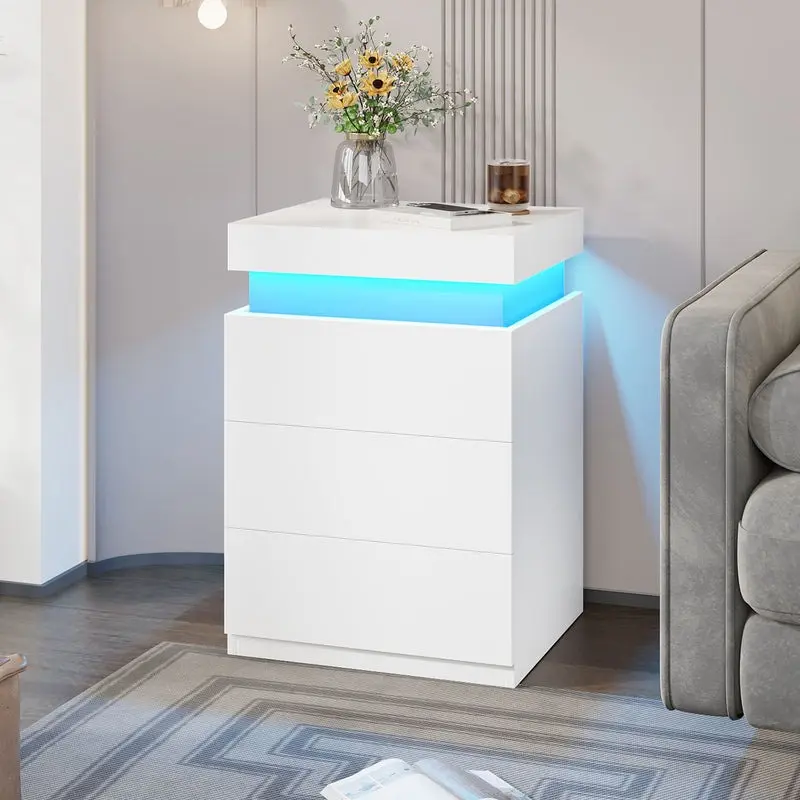 Mesita de noche con tapa deslizante, estación de carga y luces LED, muebles para dormitorio