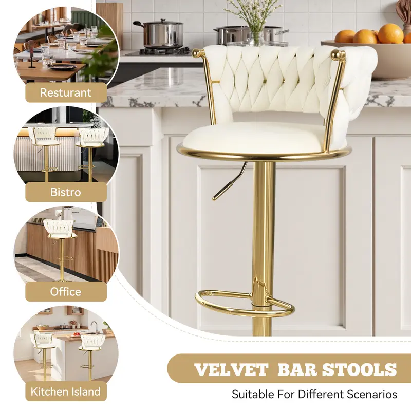 Taburetes de bar de terciopelo, taburetes de altura de mostrador con respaldo bajo, taburete giratorio dorado para isla de cocina, sillas de bar giratorias de 360°