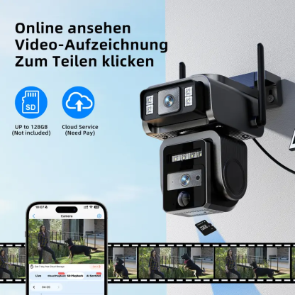 Cámara de seguridad WiFi con energía solar y foco, resolución 1080P HD, imagen nítida, detección de movimiento PIR, visión nocturna a color, resistente al agua, cámara de seguridad inalámbrica negra con doble lente