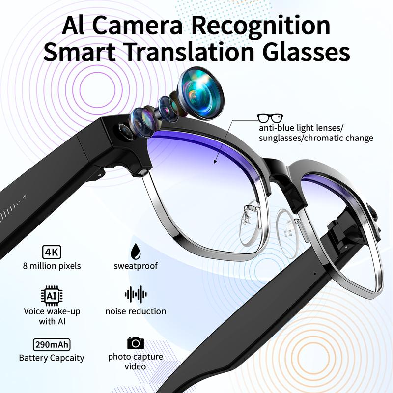 Smart AI Camera Glasses with 8MP Photochromic Lenses ,Button Touch Adjustment for Travel Outdoor Adventures Hands-Free Photography 160+Languages Real-Time Translation Bluetooth Wireless Wearable Video Recording UV Protection ,Valentine's Day gifts
