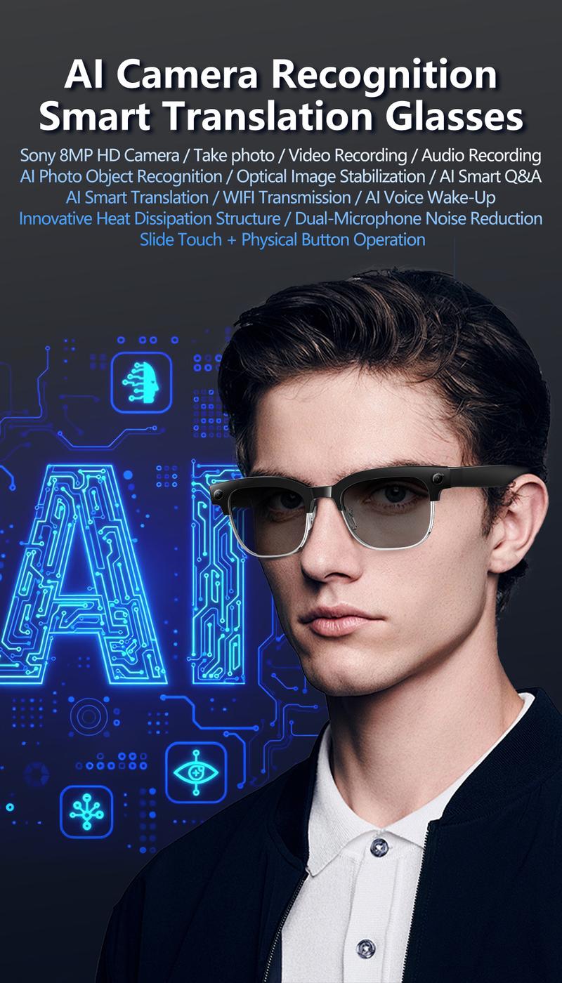 Smart AI Camera Glasses with 8MP Photochromic Lenses ,Button Touch Adjustment for Travel Outdoor Adventures Hands-Free Photography 160+Languages Real-Time Translation Bluetooth Wireless Wearable Video Recording UV Protection ,Valentine's Day gifts