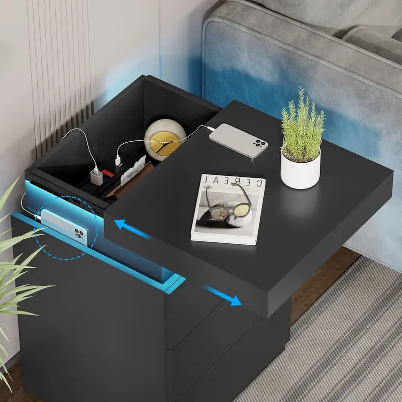 Mesita de noche con tapa deslizante, estación de carga y luces LED, muebles para dormitorio