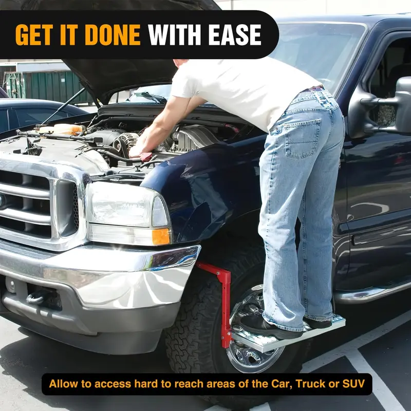 Escalón plegable de alta resistencia para neumáticos de camiones, SUV y autocaravanas; superficie de acero antideslizante; ajustable para neumáticos de 10 a 15 pulgadas; soporta hasta 350 libras