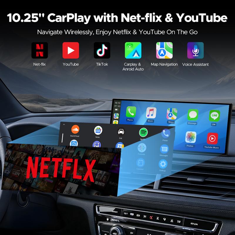 Pantalla táctil grande de 10,25" con CarPlay inalámbrico compatible con aplicaciones de YouTube/Netflix/TikTok con cámara de respaldo de estacionamiento de 720P, para iPhone 8-15+/Android 11+, adecuada para actualizaciones de vehículos, navega