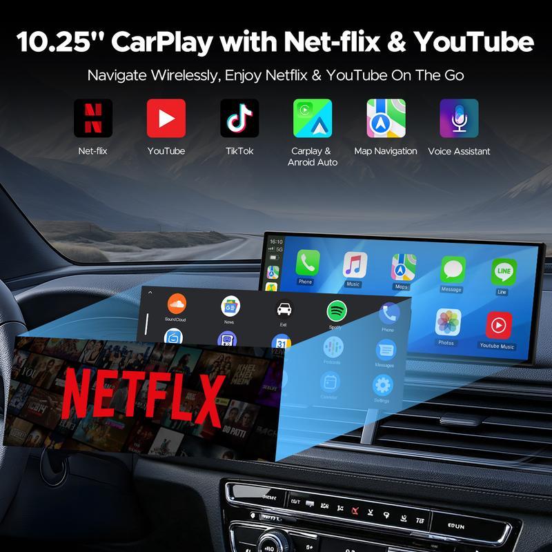 Pantalla táctil grande de 10,25" con CarPlay inalámbrico compatible con aplicaciones de YouTube/Netflix/TikTok con cámara de respaldo de estacionamiento de 720P, para iPhone 8-15+/Android 11+, adecuada para actualizaciones de vehículos, navega