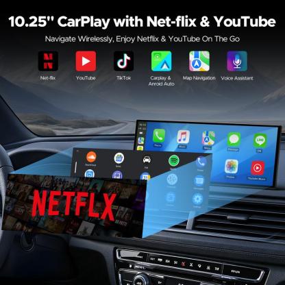 Pantalla táctil grande de 10,25" con CarPlay inalámbrico compatible con aplicaciones de YouTube/Netflix/TikTok con cámara de respaldo de estacionamiento de 720P, para iPhone 8-15+/Android 11+, adecuada para actualizaciones de vehículos, navega
