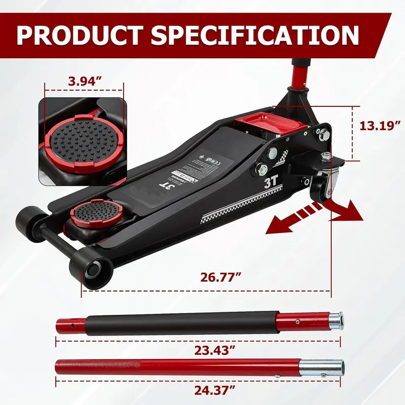 Gato de piso de carreras de perfil bajo de 3 toneladas para trabajo pesado