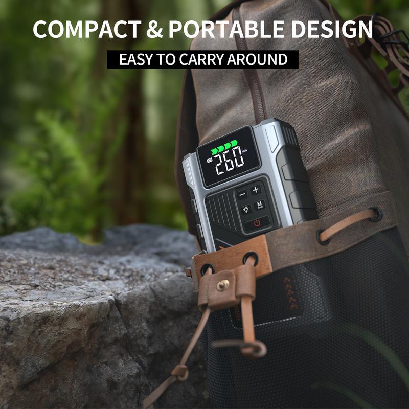 Arrancador de batería portátil para coche con compresor de aire, pico de 5000 A (para motores de gasolina de hasta 8.0 L y diésel de hasta 6.5 L), inflador de neumáticos de 150 PSI, batería de 15000 mAh y luz LED. Modelo W100.