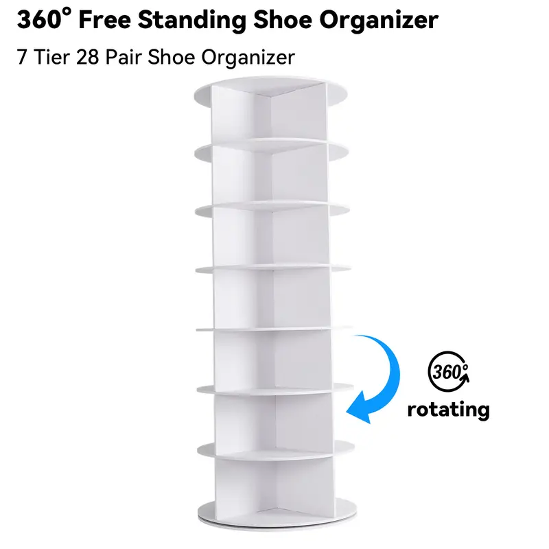 360° Rotating 7-Tiers Organizer Shoe Rack, Fits 24-28 Pairs of Shoes, Spinning and Revolving Round Shoe Rack, for Entryway Living Room Hallway