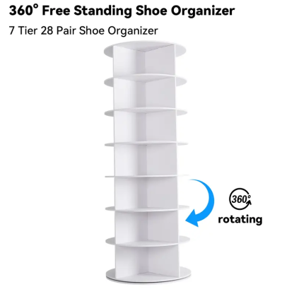 360° Rotating 7-Tiers Organizer Shoe Rack, Fits 24-28 Pairs of Shoes, Spinning and Revolving Round Shoe Rack, for Entryway Living Room Hallway