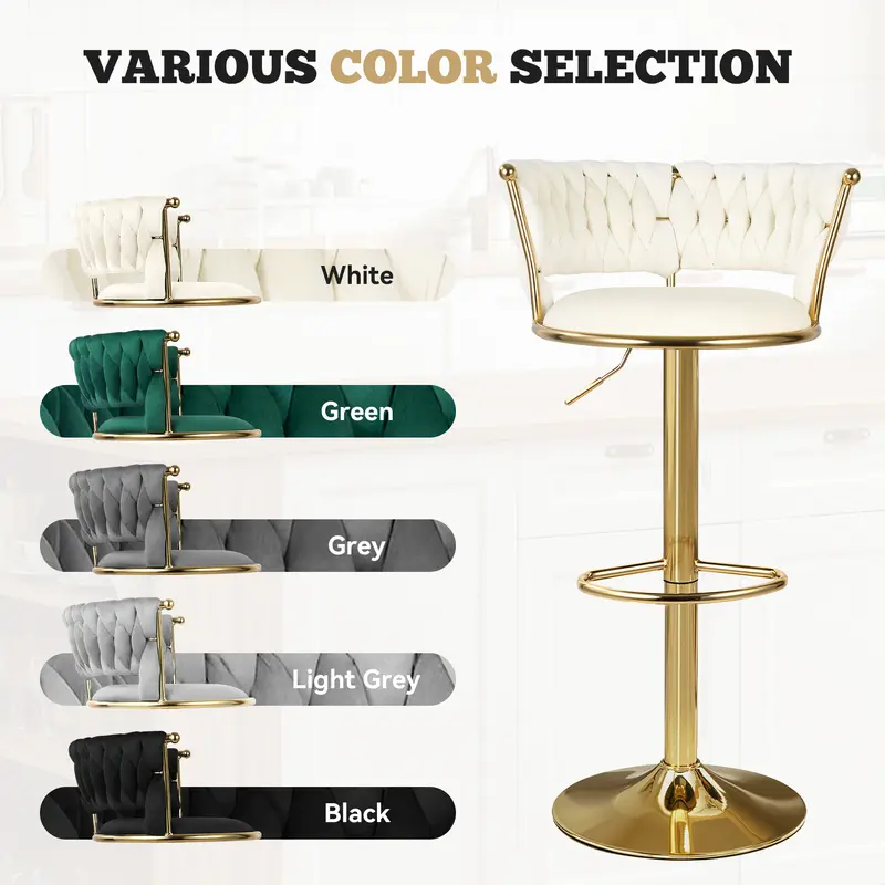 Taburetes de bar de terciopelo, taburetes de altura de mostrador con respaldo bajo, taburete giratorio dorado para isla de cocina, sillas de bar giratorias de 360°