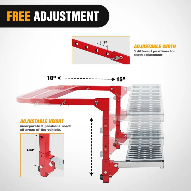 Escalón plegable de alta resistencia para neumáticos de camiones, SUV y autocaravanas; superficie de acero antideslizante; ajustable para neumáticos de 10 a 15 pulgadas; soporta hasta 350 libras