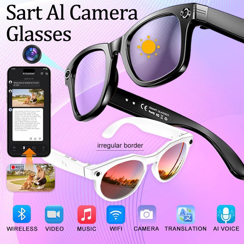 Gafas inteligentes con cámara IA y lentes fotocromáticas de 8 MP, ajuste táctil mediante botón, ideales para viajes y aventuras al aire libre, fotografía manos libres, traducción en tiempo real a más de 160 idiomas, conexión Bluetooth inalámbrica, grabaci