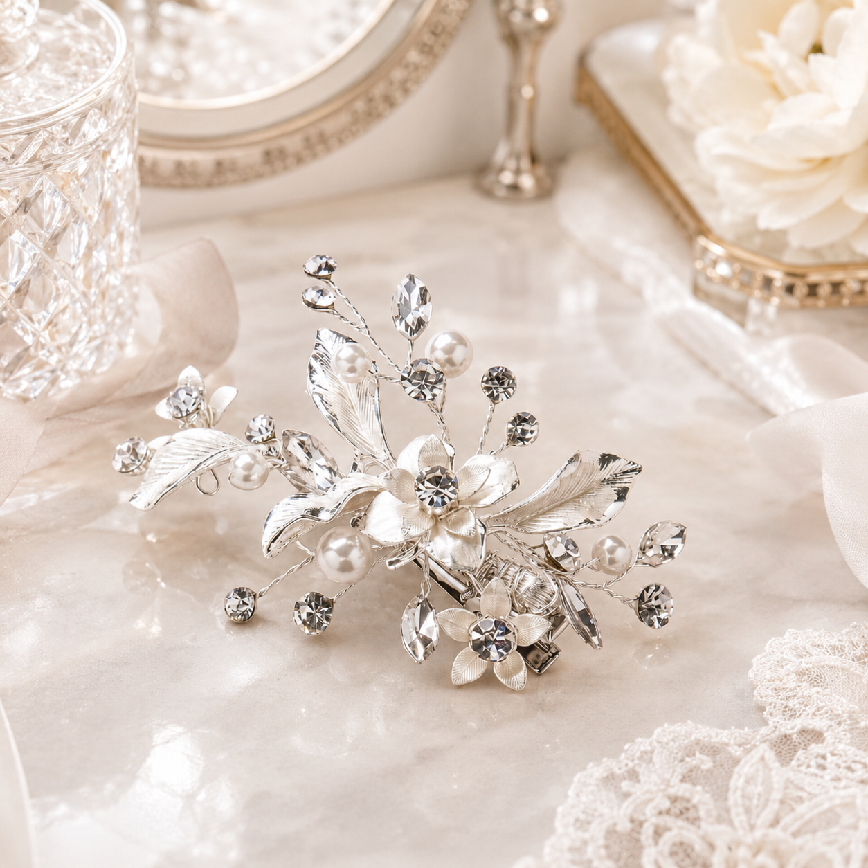 Floral Pearl and Crystal Bridal Hair Clip