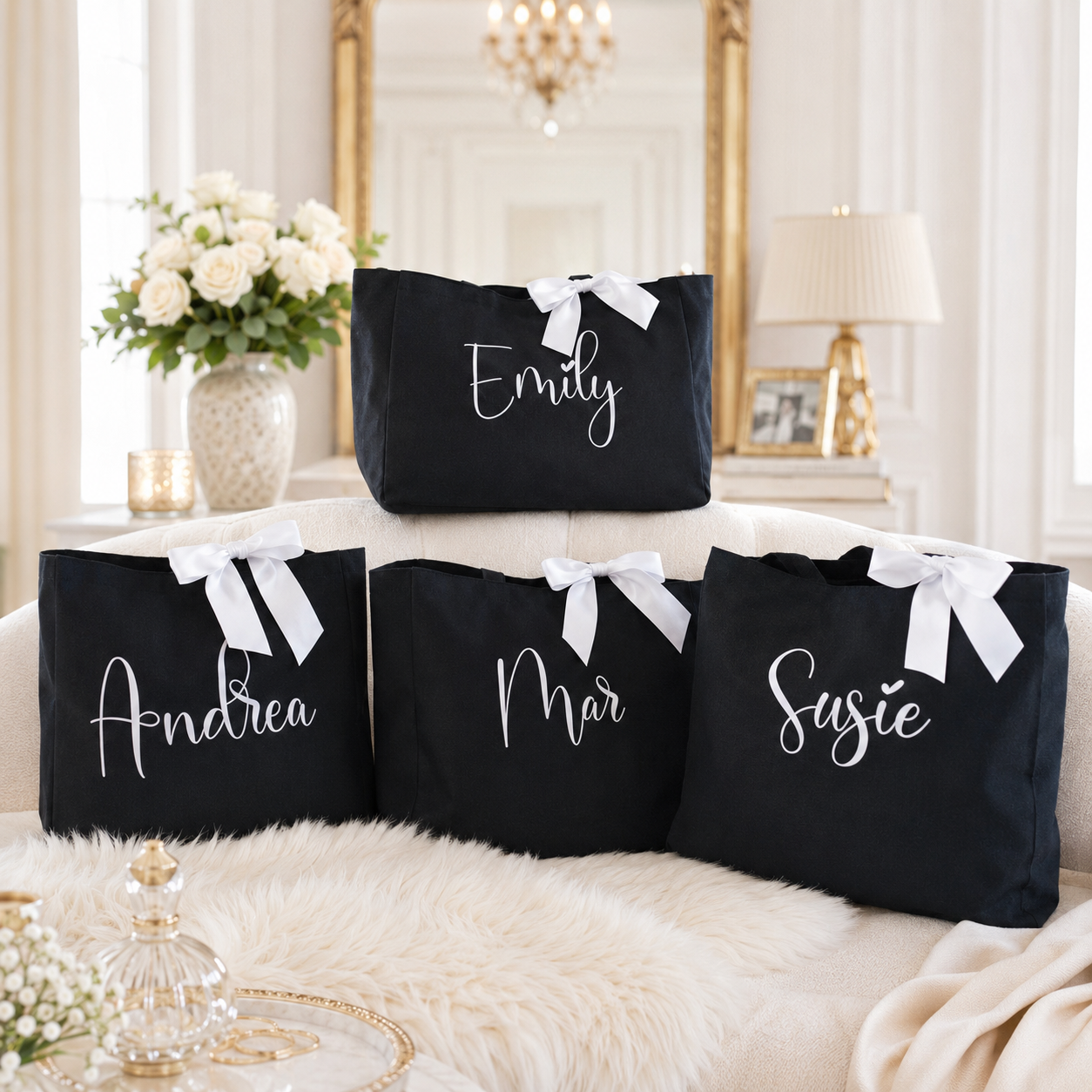 Personalized Bridesmaid Canvas Tote with Satin Bow