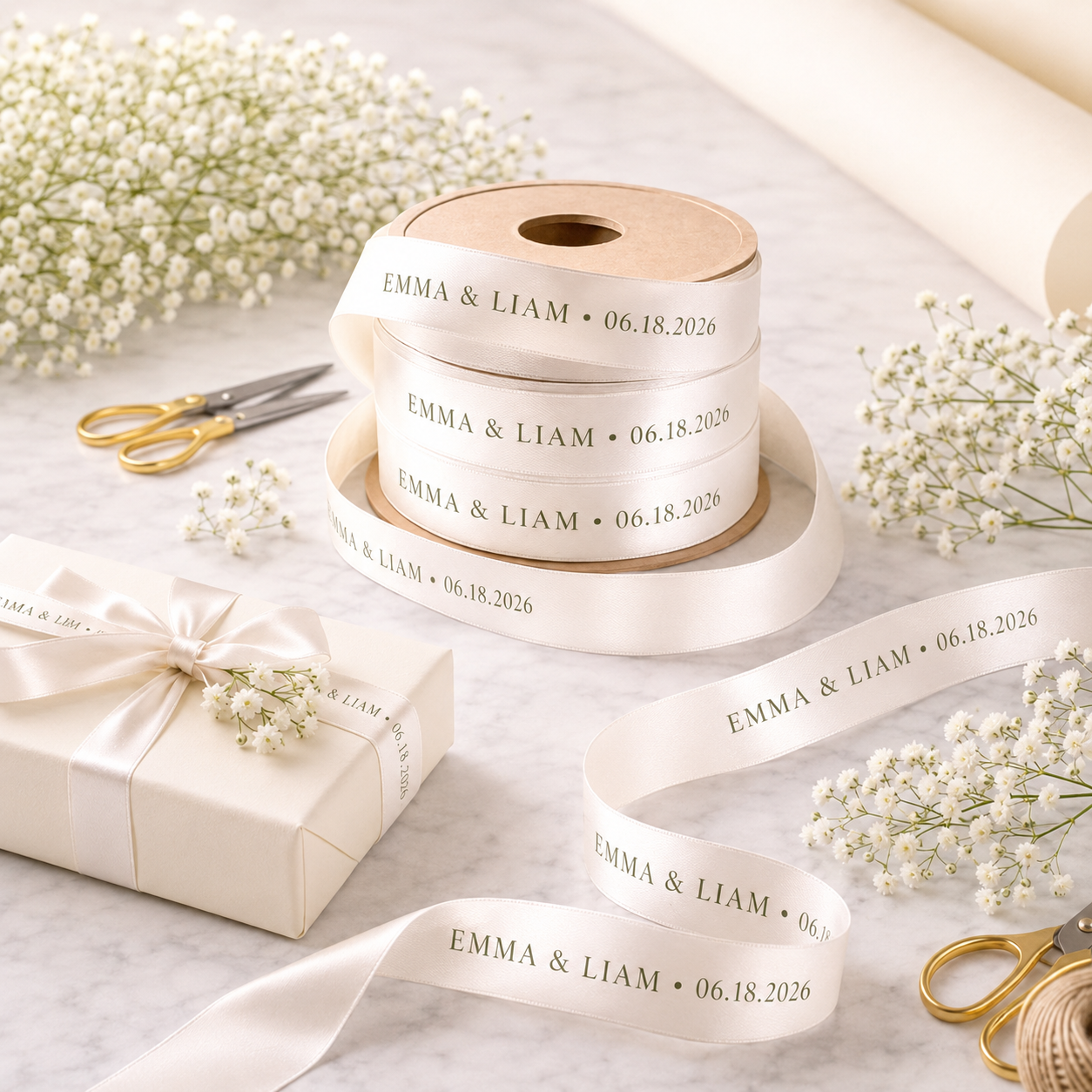 Custom Printed Satin Ribbon with Names, Text or Logo