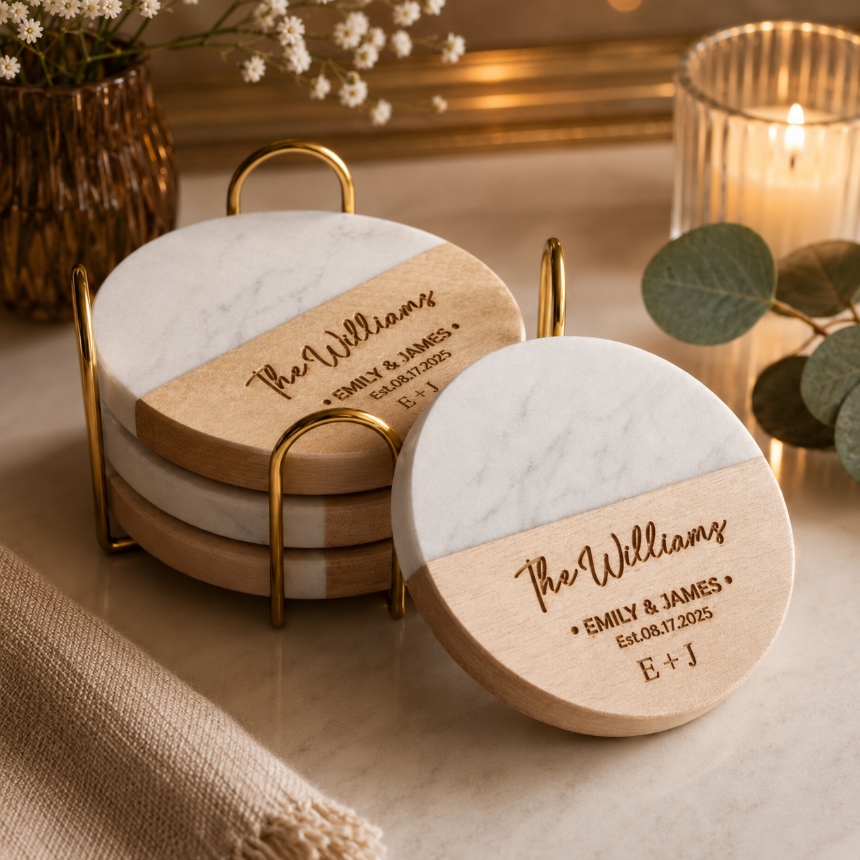 Personalized Marble and Wood Coaster Gift Set