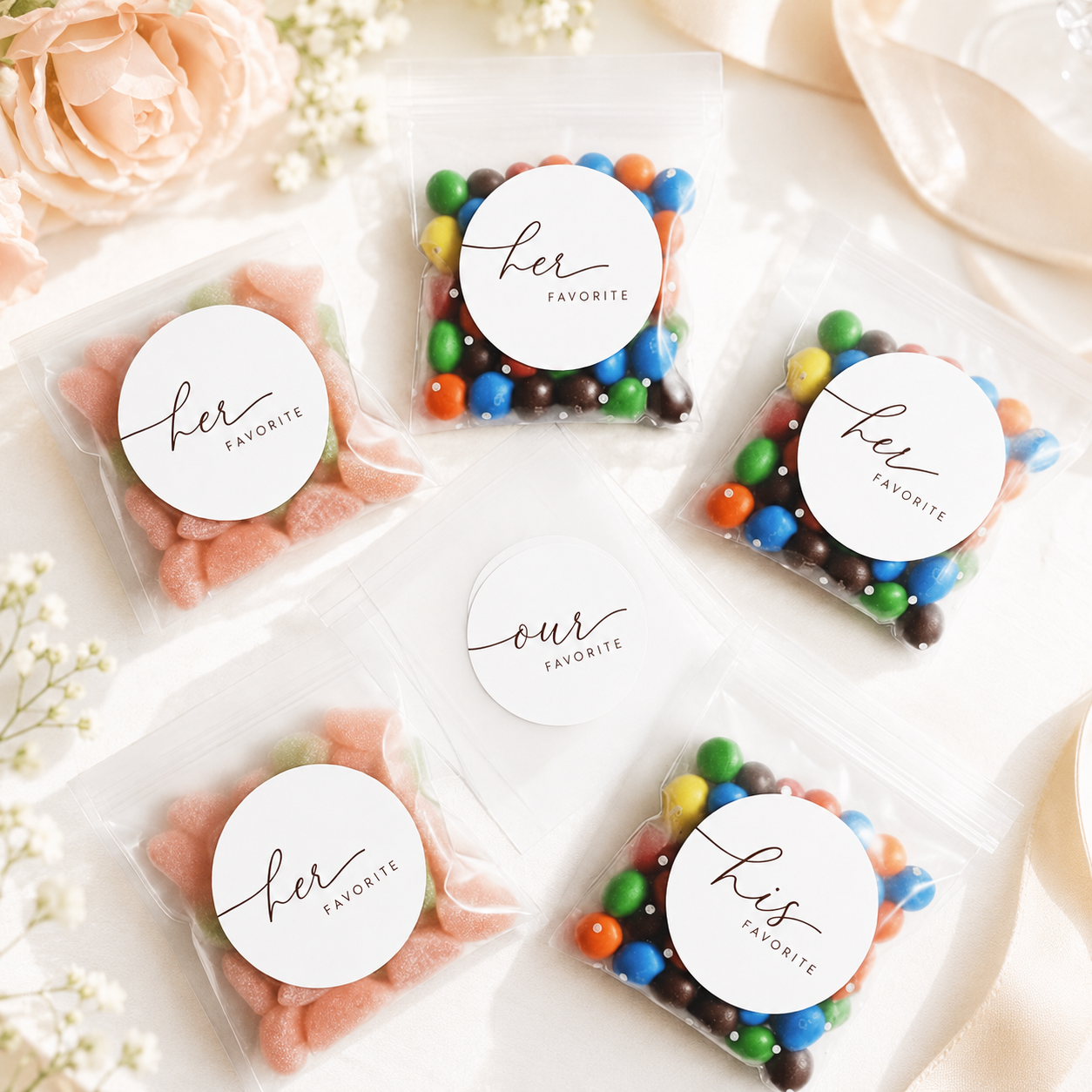 Personalized Wedding Favor Treat Bags with His, Hers & Ours Stickers