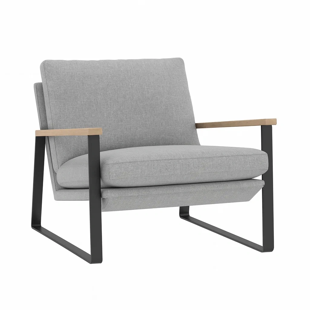 Poltrona in Tessuto Grigio con Struttura in Acciaio e Dettagli in Legno-MOBIDONA